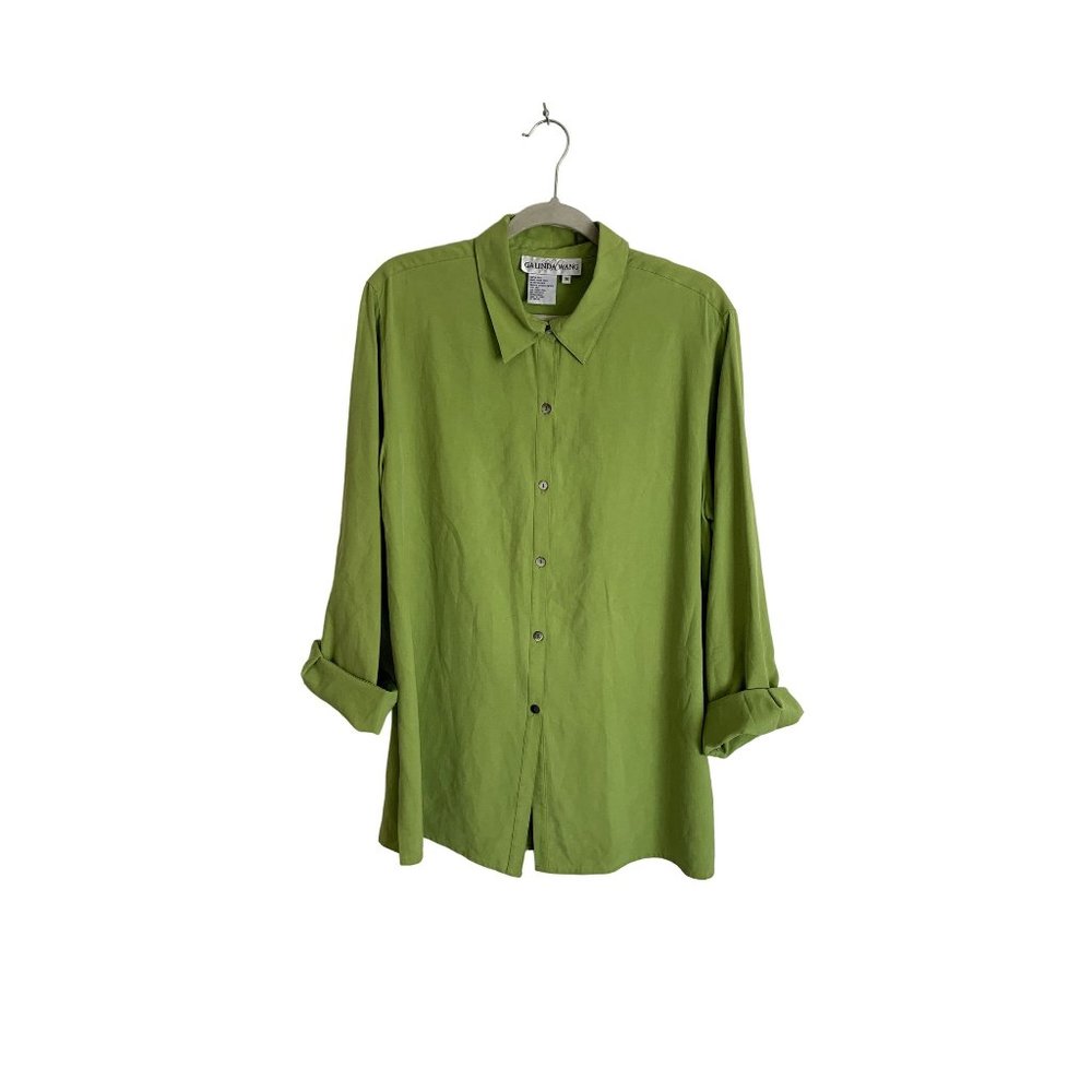 Galinda Wang Green Silk Collared Button Up Top Sz 16